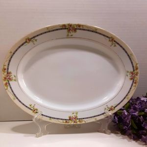 NORITAKE CHINA 12" Oval Serving Platter Pink Rosettes Signed M Vintage Plate